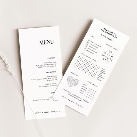 Editable Menu Dinner Card With Activity Games For Guests, Simple Minimal Wedding Menu With Reception Games, Unique All In One Template Wedding Table Menu Cards Place Settings, Reception Menu Cards, Simple Minimal Wedding, Reception Games, Wedding Dates, Wedding Menu Cards, Minimal Wedding, Menu Template, Menu Cards