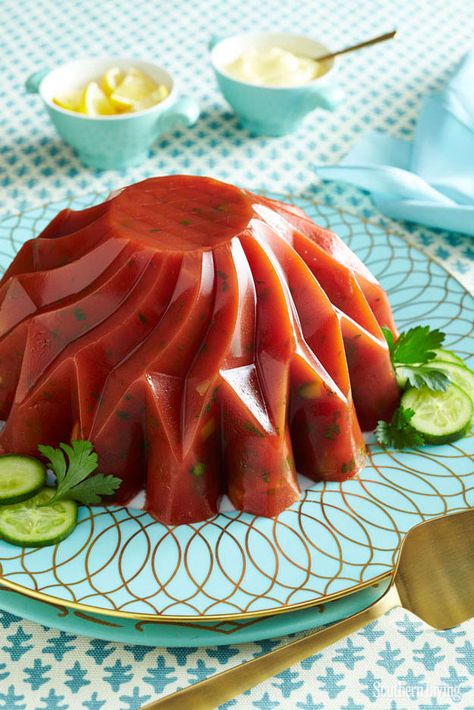 Salty, tangy and delicious. Get the recipe. Aspic Recipe, Congealed Salad, Jello Mold Recipes, Pickle Vodka, Vintage Jello, Gelatin Recipes, Jello Salad, Jello Recipes, Vintage Cooking