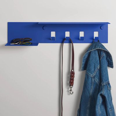 Light powder-coated aluminum bends every which way to hold your keys, hats, hopes, and dreams. Line up multiples to create a cool wall pattern and endless functional delight. Dimensionally sized to mount on studs. | Blu Dot Hall Pass Wall Mounted Coat Rack w/ Hooks Blue 6.0 x 28.0 x 6.0 in, Aluminum | ABFR1733_61728627 | Wayfair Canada Wall Shelf With Hooks, Shelf With Hooks, Hall Pass, Unique Shelves, Wall Pattern, Modern Shelf, Wall Shelves Design, Blu Dot, Coat Stands