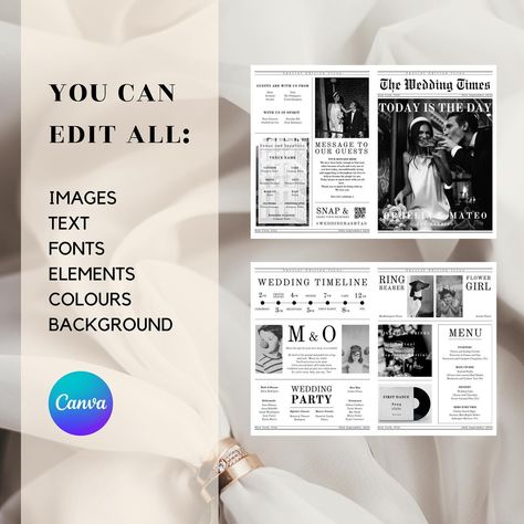 The large, foldable wedding newspaper template is a beautiful way to communicate all of the important details of your wedding day to your guests. The template considers all the essential information so that you can be free to enjoy the special moments. It really is a beauty and is becoming a firm favourite among you all already, I can’t wait to see this template evolve with each new wedding! Oh and I am fully invested in Ophelia and Mateo 😂 #weddingnewspaper #weddingprogramme #weddingfavor... Wedding Newspaper Template, Newspaper Wedding, Newspaper Wedding Programs, Newspaper Program, Wedding Day Schedule, Wedding Newspaper, Canva Wedding, 2025 Wedding, Newspaper Template