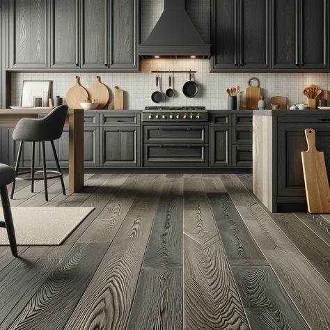 dark kitchen cabinets and rustic gray oak hardwood floors Dark Grey Brown Kitchen Cabinets, Grey Wood Floors Kitchen, Moody Rooms, Oak Hardwood Floors, Grey Kitchen Floor, Rustic Wood Floors, Dark Grey Kitchen, Grey Wood Floors, Grey Kitchen Designs