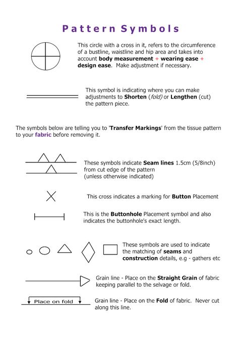 Pattern symbols Sewing Pattern Symbols, Sewing Symbols, Pattern Symbols, Textiles Gcse, Patterns For Sewing, Free Printable Sewing Patterns, Teaching Sewing, Sewing Challenge, Printable Sewing Patterns