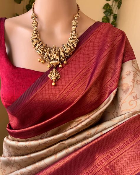 Www.thejacouture.in> silk sarees> Ivory art silk saree. Ivory art silk saree with contrast reddish maroon border. Comes with copper gold zari design all over saree and pallu with contrast blouse . Blouse : 80cm Wash care: Normal wash. Jewellery: @elegant_fashion6095 #ivorysaree #artsilk #saree #sareelove #indiantradition #silksarees #uniquecombination #instagramsarees #onlineshopping Cultural Clothes, Jewellery Elegant, Indian Jewellery Design, Art Silk Sarees, Contrast Blouse, Jewellery Design, Indian Jewellery, Cute Jewelry, Silk Saree