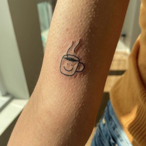 Minimal Coffee Tattoo, Fine Line Coffee Cup Tattoo, Mug Tattoo Small, Cappuccino Tattoo, Cup Tattoo Small, Coffee Cup Tattoo Small, Cup Of Coffee Tattoo, Coffee Tattoo Minimalist, Simone Tattoo