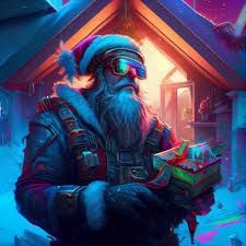 cyberpunk santa delivering gifts in a futuristic hou... | OpenArt Cyberpunk Christmas, Futuristic House, Red Santa Hat, Santa Suit, Santa Suits, White Beard, Nerd Stuff, Neon Blue, Neon Colors