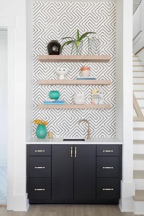 Wet Bar Nook, Wet Bar Backsplash, Small Kitchen Bar, Wet Bar Cabinets, White Beveled Subway Tile, Black And White Backsplash, Bar Backsplash, Small Bars For Home, Bar Tile