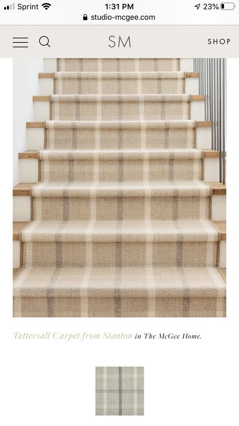 Runner On White Oak Stairs, Foyer Tile Ideas Entryway Modern, Colonial Stair Runner, Italiante Farmhouse, Plaid Carpet Living Room, Coastal Stair Runner, Plaid Carpet Basement, Plaid Carpet On Stairs, Basement Stair Runner