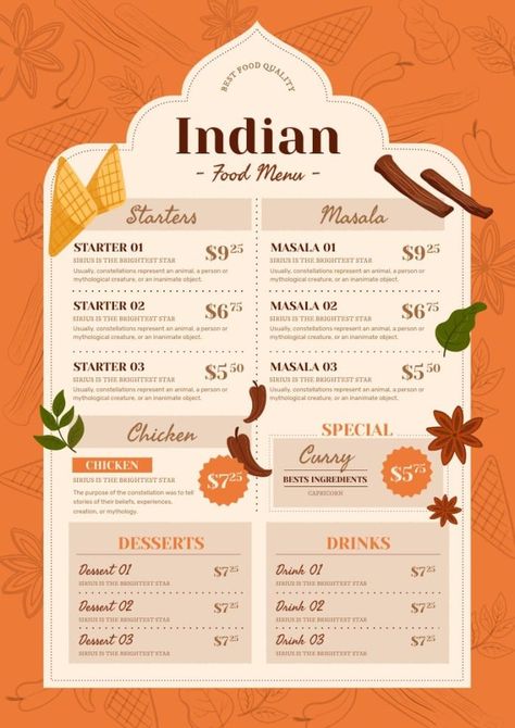 Hand-drawn Masala Indian Restaurant Menu Indian Restaurant Menu Design, Indian Menu Design, Indian Food Menu, Starters Menu, Menu Design Layout, Restaurant Indian, Menu Cafe, Rajasthani Food, Mcdonald Menu