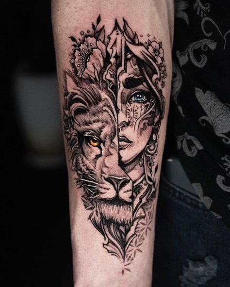 Tattoo With Women Face, Lioness Half Sleeve Tattoo, Athena Tattoo Forearm, Male Female Lion Tattoo, Tattoos Lion Women, Lion Women Tattoo, Lioness Woman Tattoo, Lion Head Tattoos For Women, Leo Shoulder Tattoos For Women