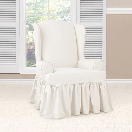 Revitalize your home for a new season or special occasion with a new surfeit essential twill furniture cover, which is a great way to extend the life of your favorite furniture. The classic slipcover style, now available in classic white with elegant ruffles, adds a touch of interest to any room. Ideal for high-traffic family rooms, this furniture cover offers extra stain, moisture, and wear resistance. Corded arms and adjustable ties ensure a perfect fit for your furniture, making it a practica Wingback Chair Slipcovers, Wingback Chair Covers, Family Room Furniture, Chair Slipcover, Armchair Slipcover, Casa Vintage, Arm Chair Covers, Dining Chair Slipcovers, White Chair