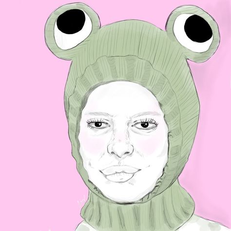 A drawing of person in a frog hat or balaclava if you will. The background is pink. This was created on procreate. Frog Balaclava, Frog Hat, A Frog, Cinderella, Disney Princess, Disney Characters, Hats, Disney, Fictional Characters