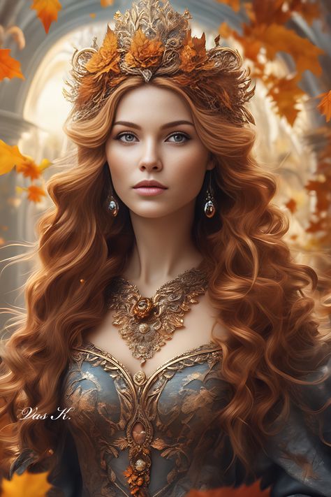 Lady Autumn, by Vas K. Autumn Queen Art, Fall Gowns, Fall Goddess, Fairy Court, Autumn Queen, Acotar Art, Autumn Court, A Court Of Wings And Ruin, Makeup Class