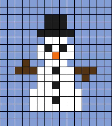 A simple pixel art template of a snowman. Christmas Perler Beads Easy, Easy Pixel Art Christmas, Easy Christmas Perler Bead Pattern, Merry Christmas Pixel Art, Holiday Pixel Art, Christmas Tree Pixel Art, Nightmare Before Christmas Pixel Art, Winter Pixel Art, Tiny Pixel Art