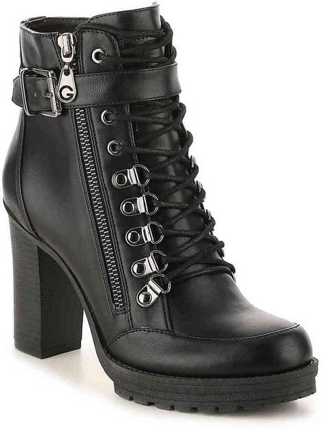 Love these Guess black booties! The heel gives them extra sass and dresses them up. Women's Grazzy Bootie -Black Affiliate High Heel Combat Boots, Shoe Goals, Heeled Combat Boots, Womens Black Booties, Fashion Shoes Heels, Boots Chunky, Boots Platform, Black Combat Boots, Boots High