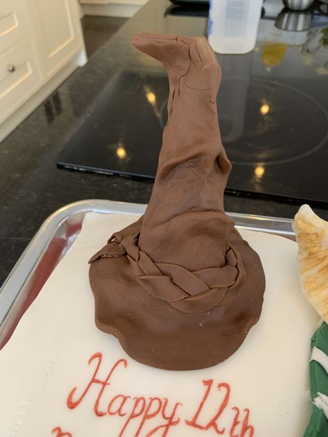 Sorting Hat. Used ice cream cone to stabilise, covered with chocolate flavour fondant. Sorting Hat, Ice Cream Cone, Chocolate Flavors, Fondant, Ice Cream, Cream, Cake