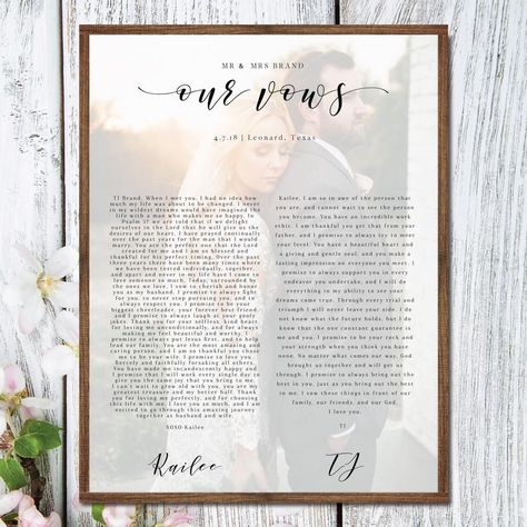 Our Wedding Vows Custom Framed Wedding Vows Print on Canvas | Etsy Framed Wedding Vows, Vows Printed, Lyrics On Canvas, Wedding Vows To Husband, Photo Frame Images, Instagram Username Ideas, Custom Photo Frames, First Anniversary Gifts, Wedding Dress Pictures