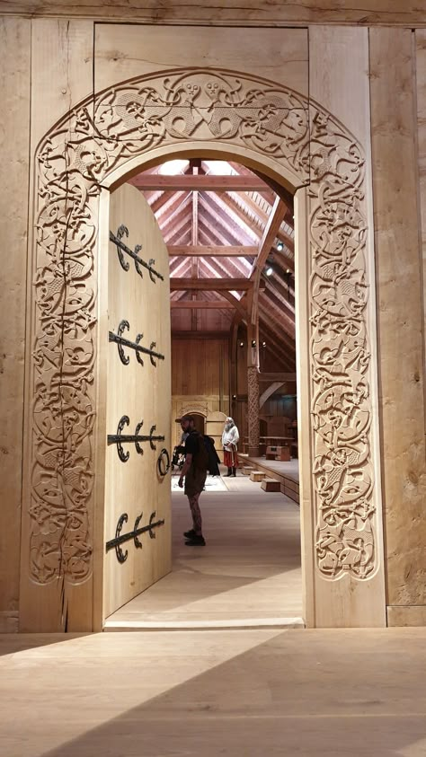 Viking Door Decorations, Norse Architecture, Viking Door, Viking Architecture, Viking Hall, Viking Longhouse, Norwegian Cabin, Stave Church, Nordic Architecture