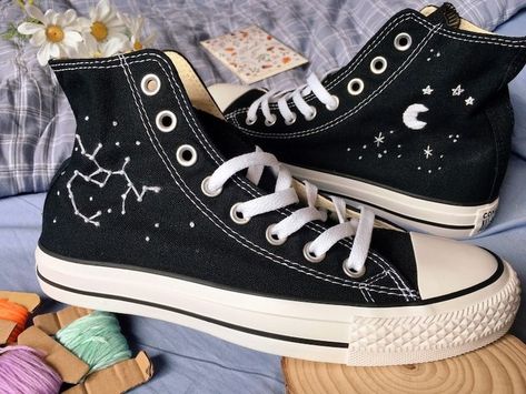 Embroidered converse/ Converse Custom Constellation Embroidery / Sagittarius Converse Shoes Constellation Embroidery, Converse Embroidery, Cute Converse Shoes, Converse Design, Pastel Shoes, Painted Converse, Embroidered Converse, Cute Converse, Converse Custom