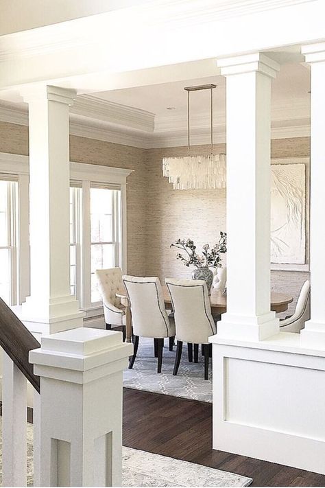 Midcentury Interior Design, Interior Columns, Sala Grande, Dining Room Remodel, Column Design, Casas Coloniales, Trim Work, Luxury Dining Room, Luxury Dining