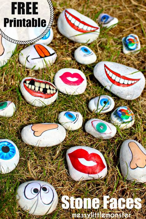 An easy stone / rock / pebble craft for kids.  Make funny faces using these FREE PRINTABLE face parts.  A perfect outdoor activity using nature for summer. A fun 'ourselves' or 'all about me' project. Painted Rock Faces, All About Me Eyfs, All About Me Topic, All About Me Project, Rock Painting Idea, Marvellous Me, All About Me Theme, All About Me Art, Face Parts