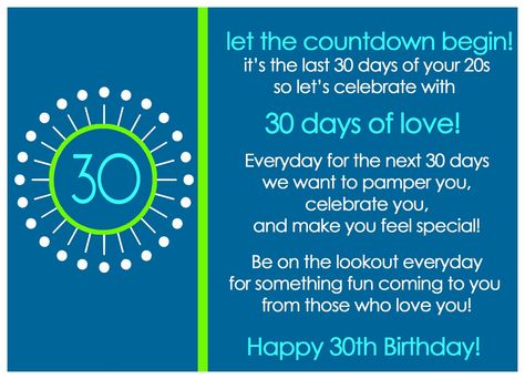 30 Days of love for your 30th Birthday -30 day of presents from 30 loved ones the 30 days before your 30th birthday. 30 Days Before 30th Birthday Gifts, 30 Days Before 30th Birthday, Bridesmaid Outfits, Birthday 30, My Sweet Sister, Milestone Birthday Gifts, Handmade Aprons, Happy 30th, Happy 30th Birthday