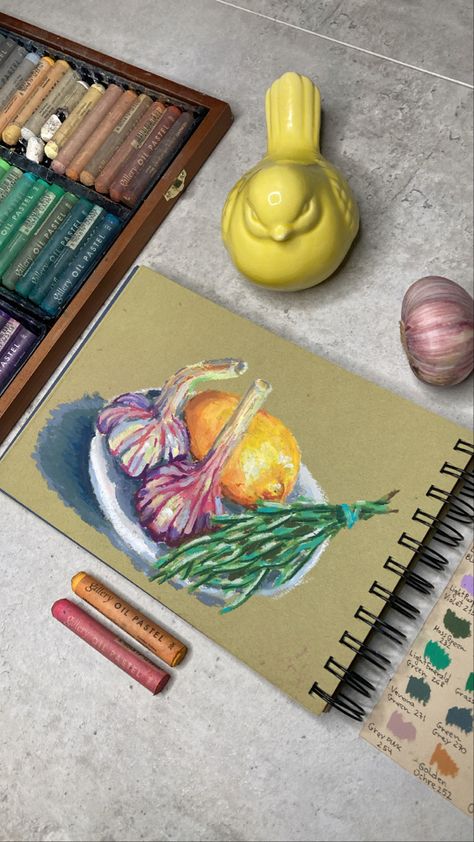 Oil Pastel Organization, Oil Pastel Art Food, Oil Pastel Lemon, Rosemary Drawing, Oil Pastel Artwork, Drawing With Oil Pastels, Lemon Drawing, Color Pencil Illustration, Soft Pastel Art