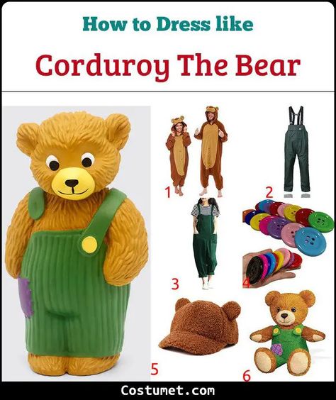 Corduroy Bear Halloween Costume, Corduroy The Bear Costume, Corduroy Costume, Corduroy The Bear, Goldilocks Costume, Corduroy Bear, Bear Onesie, Green Overalls, Small Teddy Bears