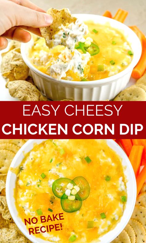 This No-Bake Cheesy Chicken Corn Dip is super delicious and ready in just a few minutes! You will love how easy it is to make this no-bake dip, and your guests will love the flavor. This dip is gluten-free. Make it a keto cheesy chicken dip by skipping the corn. The recipe includes lots of variations for making this a Tex-mex dip and other flavor options! Perfect appetizer dip for game day, summer barbecues and potlucks, or snacking. Corn Cream Cheese Dip, Cream Cheese Chicken Dip, Creamy Corn Dip, Low Carb Holiday Recipes, Baked Dips, Corn Dip Recipes, Can Chicken Recipes, Chicken Dip Recipe, Corn Chicken