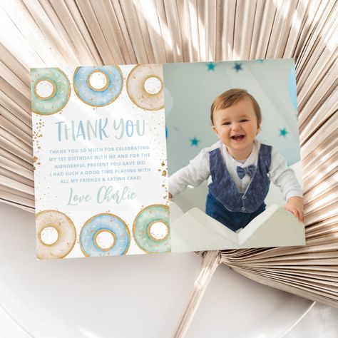 Donut 1st Birthday Party Thank You Card with Photo | #donutthankyou #donutthankyoucard #donutgrowup #donutbirthday #donut1stbirthday #pastel1stbirthday #thankyoucard #boys1stbirthday #bluedonut #donutbirthdayparty Donut Theme First Birthday, 1st Birthday Invitations Boy, Birthday Souvenir, Card With Photo, Donut Birthday Parties, Birthday Thank You Cards, 1 Birthday, Printable Thank You Cards, Boy Birthday Invitations