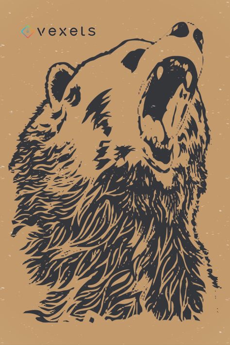 Howling angry bear design for t-shirts, posters and banners. Black isolated illustration great for animal, nature, wildlife, wood inhabitants and educational materials  Design available for commercial and promotional use, great for logos, business cards, presentations, motion graphics and more! Wildlife Graphic Design, Angry Bear Illustration, Animal Poster Design, Bear Logo Inspiration, Bear Linocut, Bear Graphic Design, Bear Logo Design, Big Sam, Vintage Shirt Design