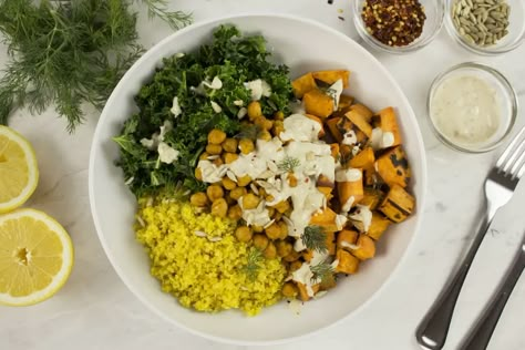 Mediterranean Grain Bowl - Blue Zones Blue Zone Recipes, Zone Diet Recipes, Soba Noodle Bowl, Blue Zones Diet, Blue Zones Recipes, Longevity Recipes, Zone Recipes, Creamy Corn, Herb Sauce