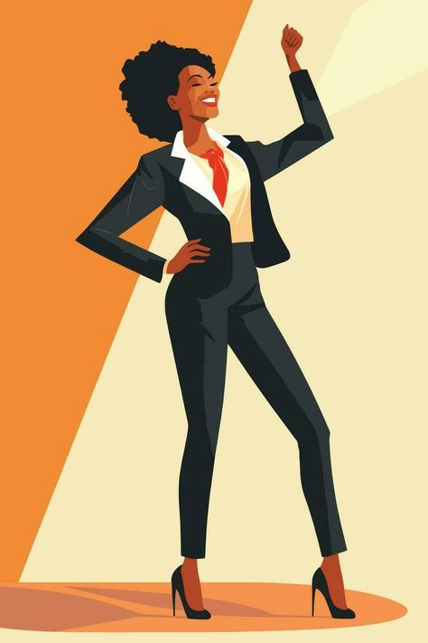 Minimalist vector illustration of a confident black woman in a business suit. Perfect for corporate and professional themes Business Woman Illustration, Black Women In Suits, Woman In Suit, Corporate Women, Woman Suit, Cards Art, International Women’s Day, Woman Suit Fashion