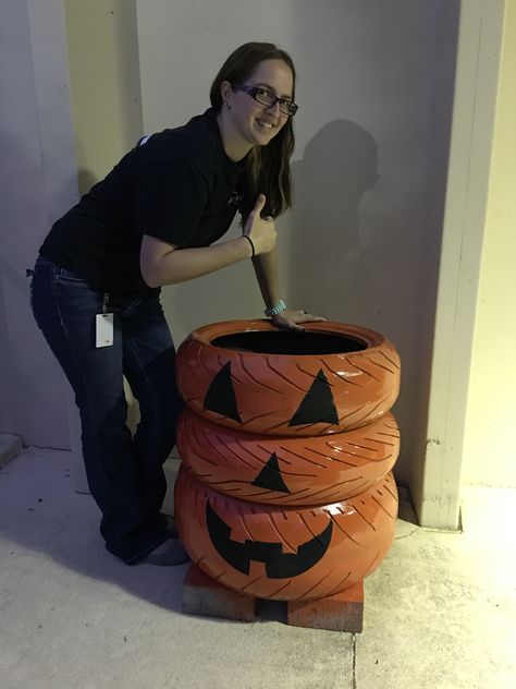 My idea to make a pumpkin from motorcycle rear tires got turned into a work project...not yet finished tho Motorcycle Tire Art, Small Tire Projects, Pumpkin Tires, Halloween Tire Decorations, Tire Decor, Tire Ideas, Tire Projects, Cable Spools, Reuse Old Tires