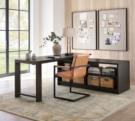 Pacific L-Shape Rotating Desk L Shaped Desk Executive Office, Modern L Shape Desk, Home Office With L Shaped Desk, L Shaped Desk Office Layout, Office With Couch And Desk, Professor Office, Black Office Decor, Sports Cave, Modern Contemporary Home Office