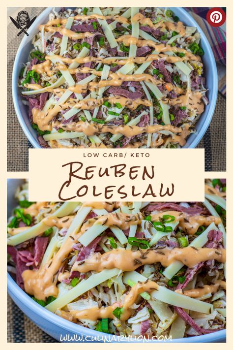 Low Carb Reuben Coleslaw: Leftover Corned Beef Recipe - Culinary Lion Corned Beef Salad Recipes, Healthy Corned Beef Recipes, Corn Beef Salad, Leftover Coleslaw Ideas, Corned Beef Sides Dishes, Corned Beef Sides, Sides For Corned Beef, Reuben Coleslaw, Leftover Corn Beef