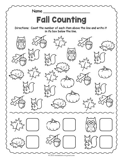 Free Printable Fall Counting Worksheet Free Counting Printables, Counting Worksheets Preschool, Autumn Counting, Counting Worksheet, Fall Worksheets, Above The Line, Below The Line, Counting Worksheets, About Animals