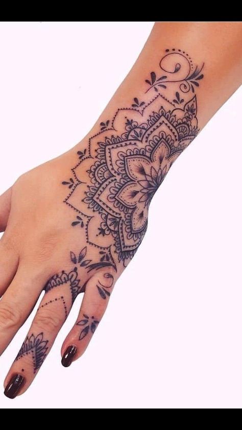 Illusion Tattoos For Women, Unique 777 Tattoos, Lotus Mandala Hand Tattoo, Mandala Hand And Finger Tattoo, Hand Lace Tattoo, Half Hand Mandala Tattoo, Mandala Flower Hand Tattoo, Cool Women Tattoos Inspiration, Lace Hand Tattoos For Women