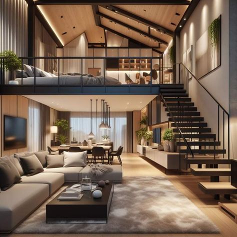 Mezanine Interior, Mezzanine House Design, Loft Type House, Loft Apartment Bedroom, Loft Houses, Bicycle Lamp, Double Height Living Room, Wooden House Design, Open Kitchen And Living Room