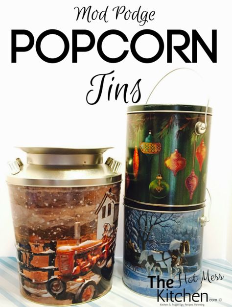 Give your Christmas popcorn tins a makeover with this easy DIY Mod Podge Popcorn Tins craft. Christmas Tin Can Crafts Ideas, Leftover Popcorn, Mess Kitchen, Christmas Popcorn Tins, Popcorn Tins, Holiday Popcorn, Painted Tin Cans, Shabby Chic Diy Projects, Diy Popcorn