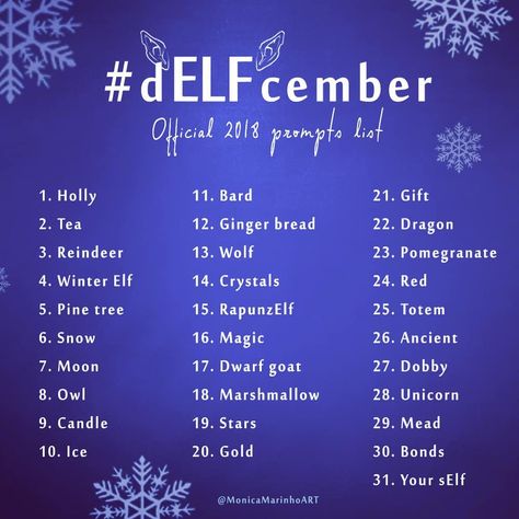 dELFcember - official 2018 prompts list - Drawing challenge: draw an elf every day in december. #artprompts #art #prompts #delfcember #elf #elves #drawing #challenge #drawingchallenge Sketch Prompts, December Art, Sketchbook Prompts, Elf Drawings, 30 Day Art Challenge, December Challenge, Winter Drawings, Drawing Prompts, Creative Drawing Prompts