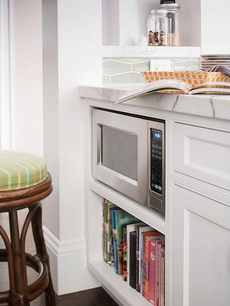 Clean Countertops, Microwave Cabinet, Driven By Decor, Built In Microwave, Cabin Life, Kitchen Inspo, Kitchen Redo, Kitchen Remodel Idea, Book Shelf