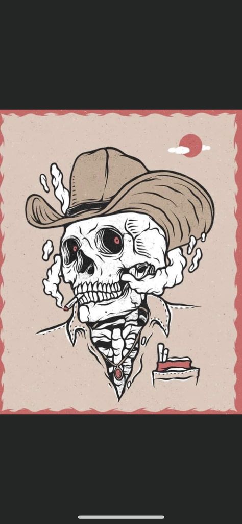 Punchy Western Tattoos, Cowboy Killer, Hat Burning, Cowboy Wall Art, Cowboy Tattoos, Trippy Drawings, Western Tattoos, Western Paintings, Skull Artwork