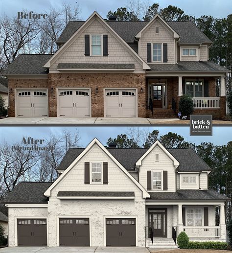 10 Traditional House Exterior Design Ideas - brick&batten Exterior House Paint Makeover, Exterior Brick House Colors Ideas, House Exterior Painted Brick, White Brick House Remodel, Vinyl And Brick House Exterior Colors, Outside House Colors Schemes With Brick, Painted Brick Before And After, Painted Brick With Siding, 90s House Exterior Makeover