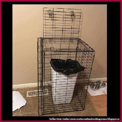 Dollar Store Crafter: Use Your Dog's Crate To Protect The Garbage Can Mini Liquor Bottles, Toilet Paper Tube, Dust Pan, Pot Lids, Diy Life Hacks, Screen Door, Dog Crate, Home Hacks, Fun To Be One