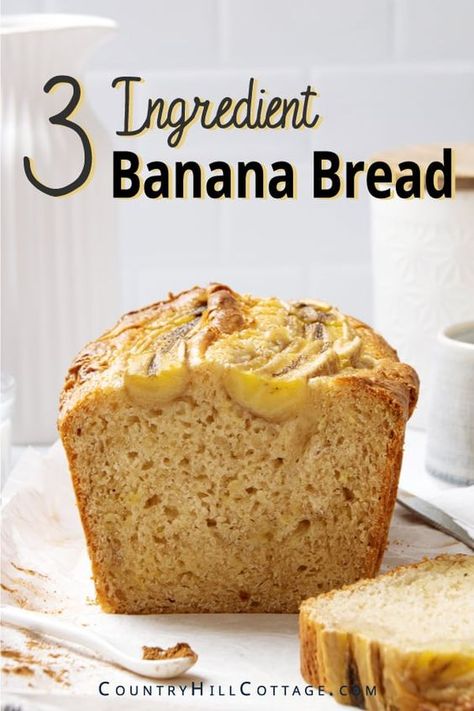 Homemade sweetened condensed milk banana bread is simple to make from scratch and delicious. Comforting and perfectly moist, this easy banana bread recipe calls for only 3 simple ingredients. It’s perfect for breakfast + snacking and a treat your whole family will enjoy! Can be made with chocolate chips, pumpkin puree, nuts, brown sugar, coconut, and peanut butter. Without cake mix and no eggs. The bread tastes flavorful, has a fluffy texture, and stays moist for days. | CountryHillCottage.com Bisquick Peanut Butter Cookies Condensed Milk, Banana Bread With Sweetened Condensed Milk, Banana Bread With Condensed Milk, Banana Condensed Milk Recipes, Condensed Milk Banana Bread, Condensed Milk Recipes Easy 3 Ingredients, Banana Bread 3 Ingredient, Banana Bread No Eggs, Condensed Milk Recipes Easy