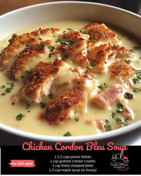 Indulge in the ultimate comfort food with this creamy and delicious Chicken Cordon Bleu Soup recipe. Loaded with tender chicken, ham, Swiss cheese, and a savory broth, this soup is the perfect way to warm up on a chilly night. Try making it for dinner tonight! #chickencordonbleu #soup #comfortfood #recipeinspo Chicken Cordon Bleu Soup Recipe, Chicken Cordon Bleu Soup, Cordon Bleu Soup, Honey Pepper Chicken, Tomato Tortellini Soup, Crockpot Chicken And Dumplings, Creamy Macaroni And Cheese, Chicken Ham, Chicken Cordon