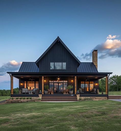 Black Barndominium Exterior, Barnodium Homes, Barndominium With Shop, Barndominium Exterior, Large Front Porch, Barn House Design, Stone Chimney, Lake Houses, Barn Style House Plans