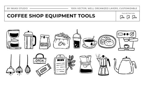 Hand drawn Coffee Shop Equipment Tools Coffee Shop Equipment, Ui Design Patterns, Coffee Vector, Coffee Equipment, Coffee Illustration, Shop Equipment, Coffee Shop, Illustration Design, Hand Drawn