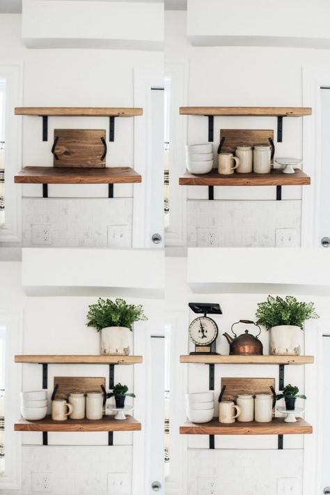 How to Style Open Shelving in Six Easy Steps. Styling open shelving doesn't have to complicated. Follow these simple steps for the shelves in your home. #kitchen #openshelving #diy Diy Shelves Design, Diy Shelves Ideas, Kitchen Shelf Decor, Farmhouse Shelves, Casa Vintage, Kitchen Farmhouse, Farmhouse Style Kitchen, Kitchen Trends, Modern Farmhouse Kitchens