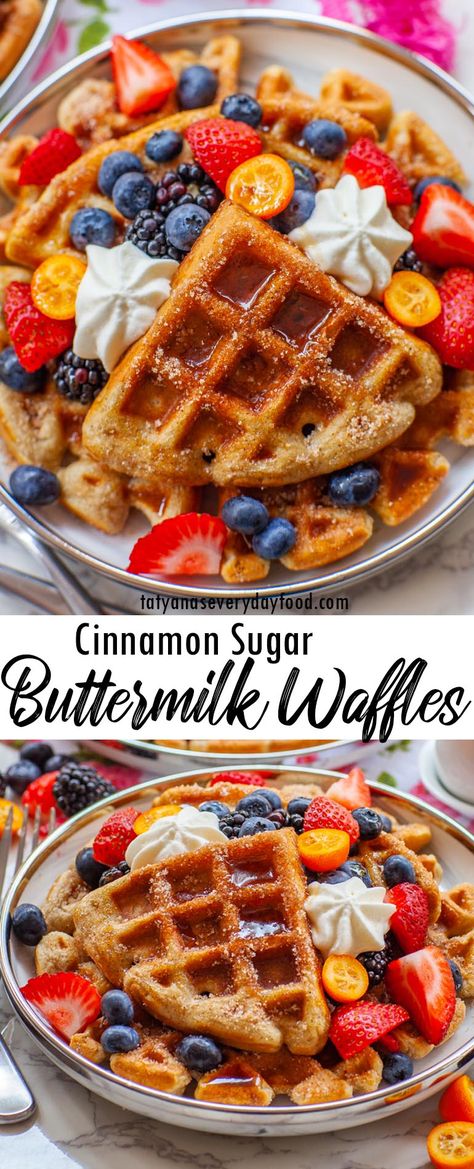 Cinnamon Buttermilk Waffles (video) - Tatyanas Everyday Food Cinnamon Waffle Recipe, Unique Pancake Recipes, Buttermilk Waffles Recipe, Cauliflower Chowder, Cinnamon Waffles, Bacon Cauliflower, Buttermilk Waffles, Cooking Tricks, Best Cinnamon Rolls